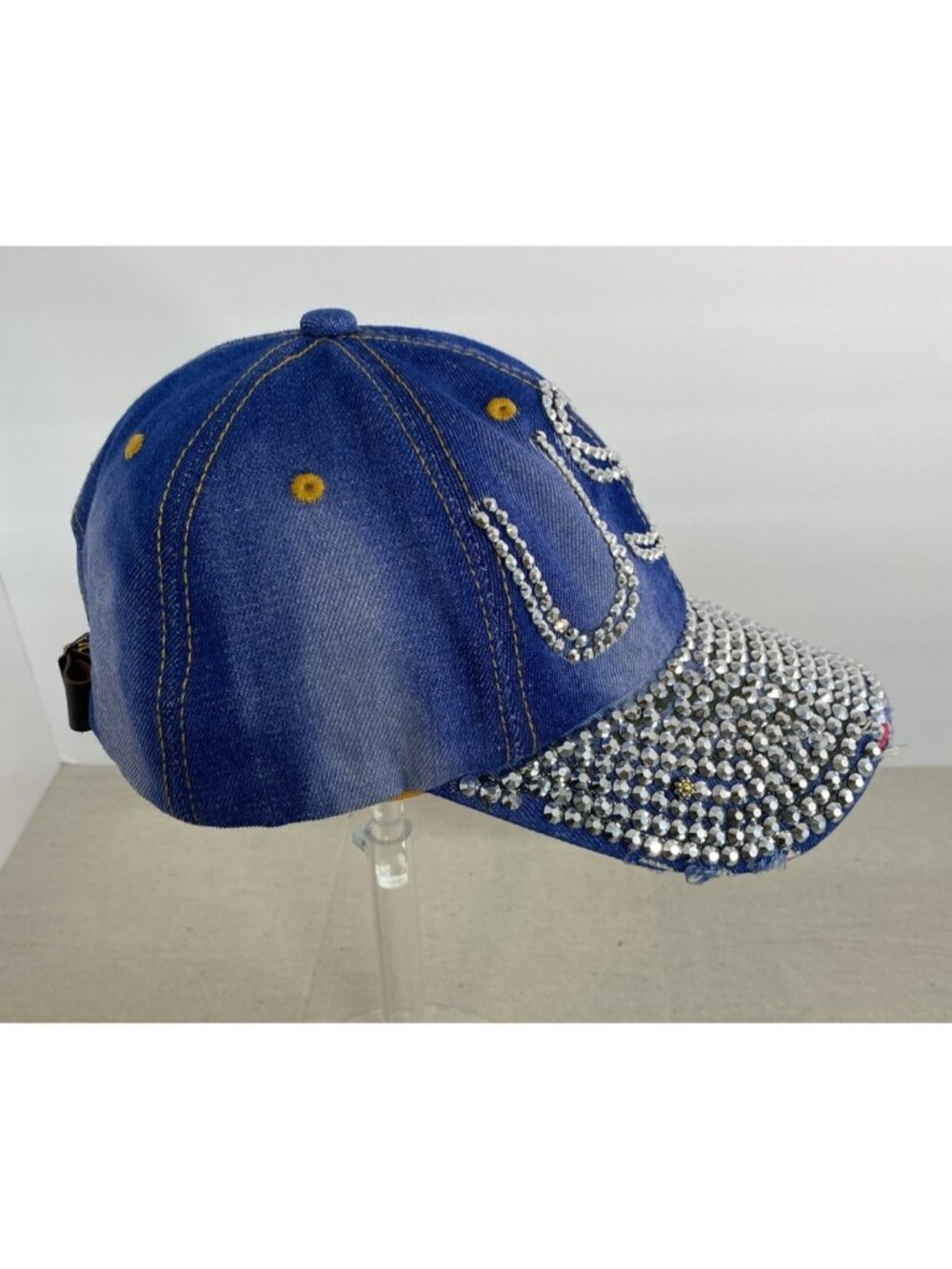 Popfizzy Women’s USA Blue Denim Cap Hat Lots Of Rhinestones Adjustable - Picture 2 of 6